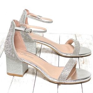 New Silver Rhinestone Low Heel Dress Sandals
